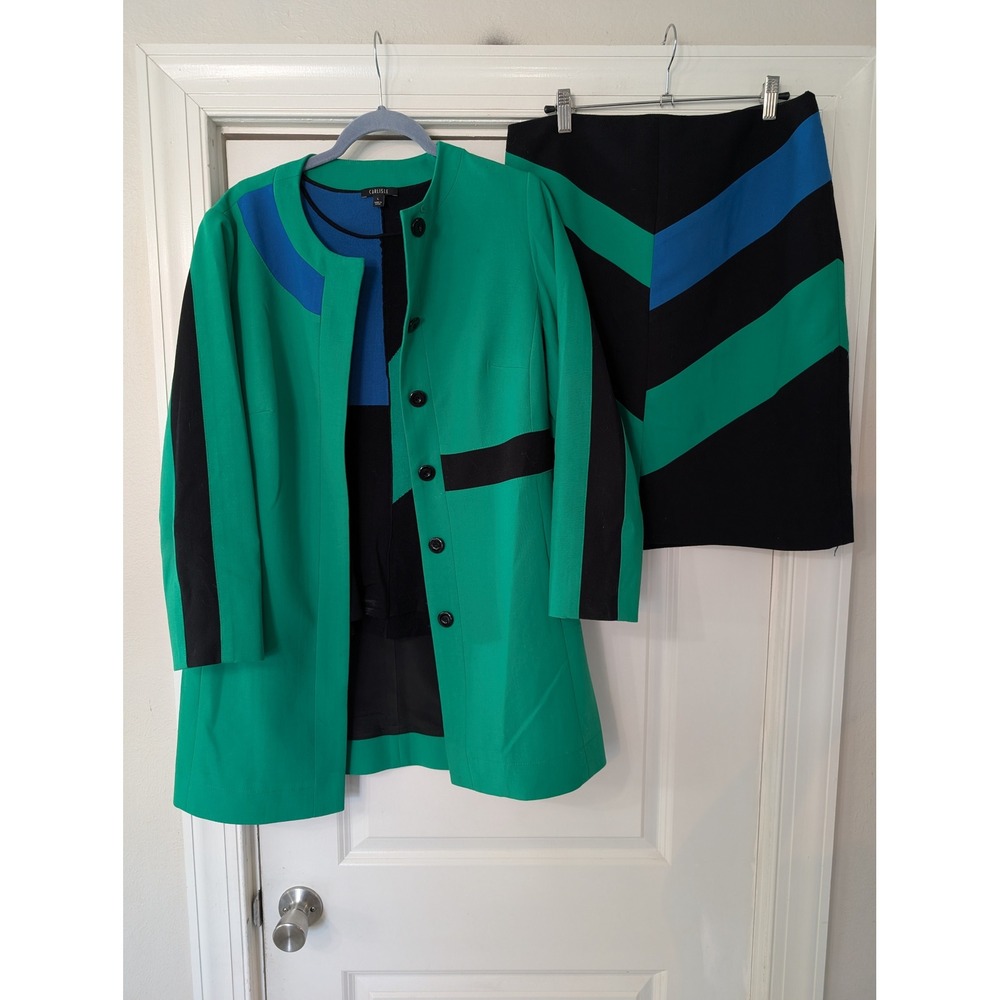 Carlisle 3 Piece Skirt Suit Set Green Colorblock Jacket Top Skirt 10 Large scarf